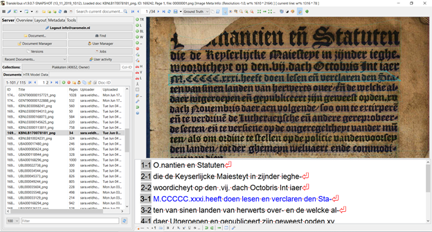Screenshot of Transkribus (v. 1.9.0.7) - showing a 16th century Dutch Gothic ordinance and the transcription.