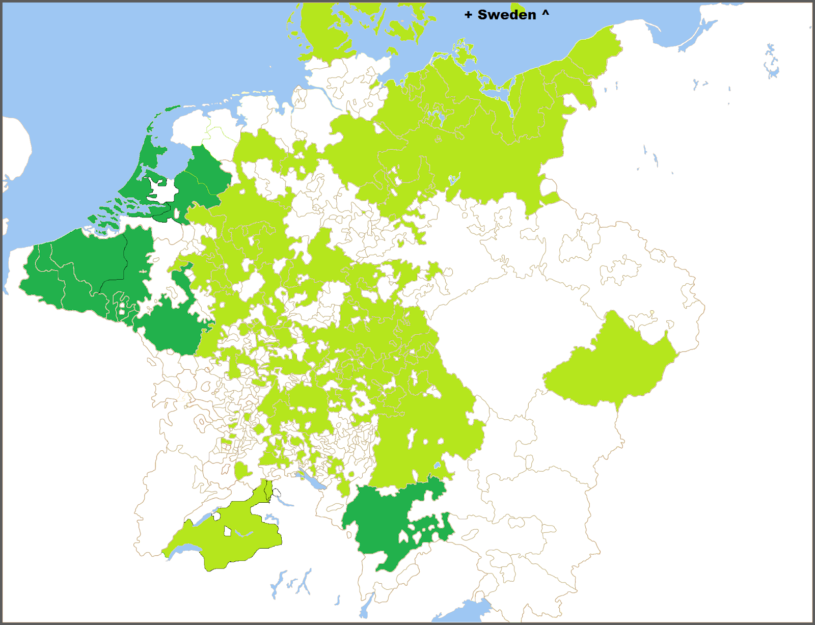 MPIeR Repertorium and other initiatives (dark green), period 1500-1800. Map: Blank map of the Holy Roman Empire in 1648, https://commons.wikimedia.org/wiki/File:Holy_Roman_Empire_1648_blank.png