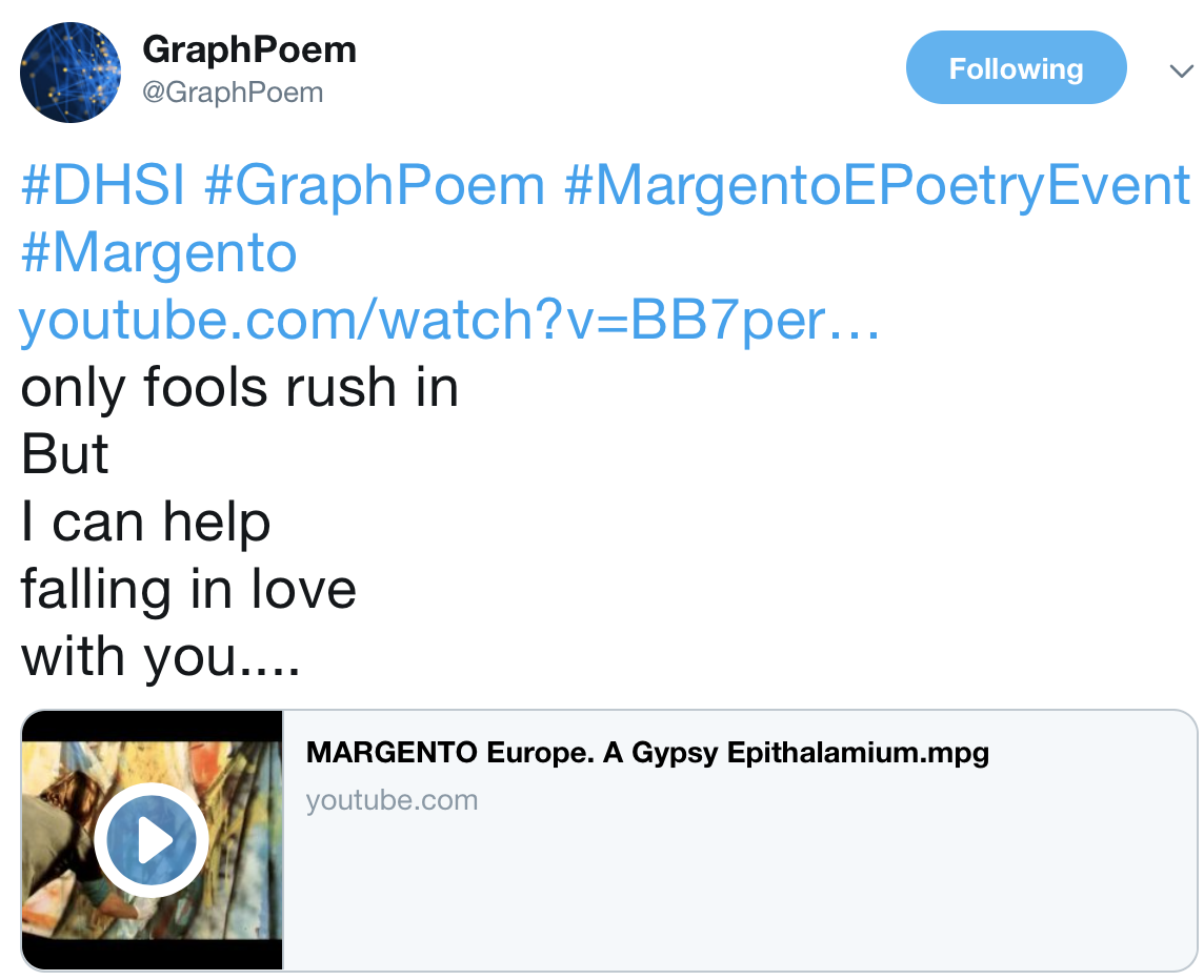 The @GraphPoem bot tweeting at DHSI 2019.